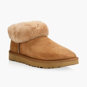 UGG CLASSIC ULTRA MINI FLUFF BOOT Suede Fur Trim Chestnut Sheepskin